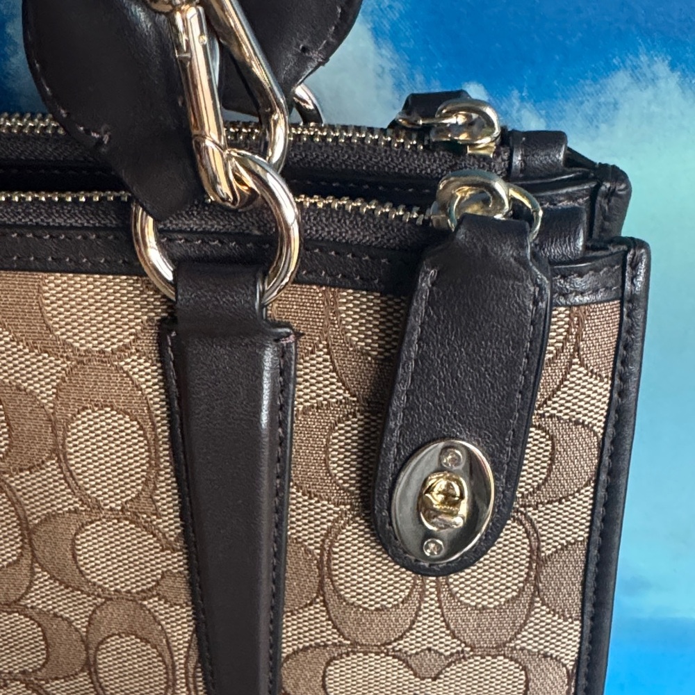 Coach Tan and Black Signature Crosby Carryall Satchel Purse Bag - Picture 11 of 15